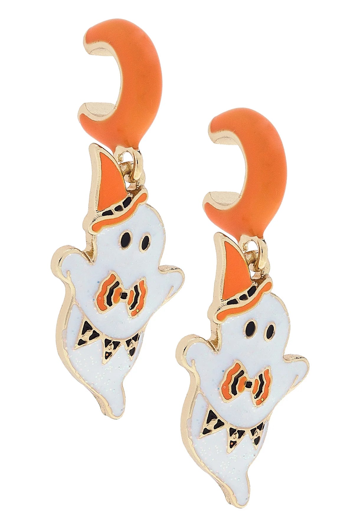 Halloween Ghost Enamel Huggie Hoop Earrings in Orange & White