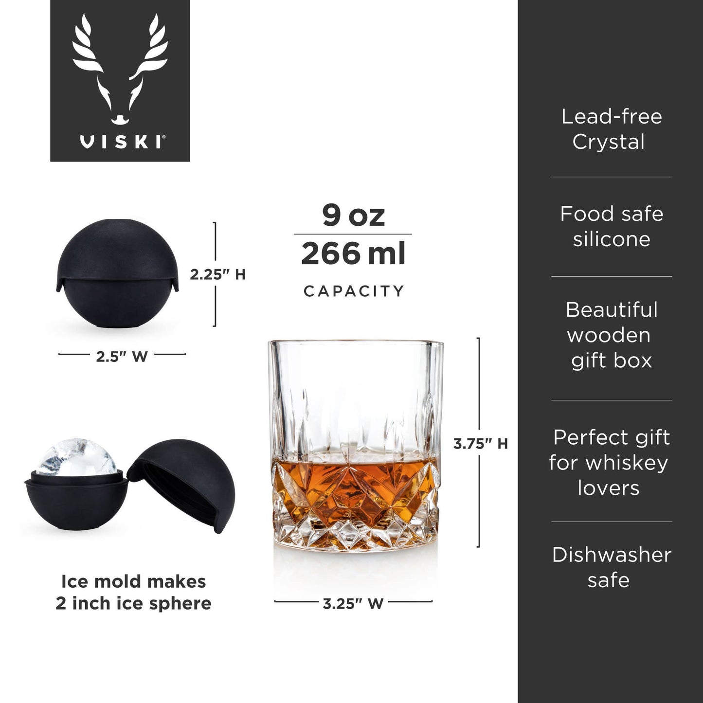 Whiskey Glasses & Ice Sphere Molds Gift Box Set - Set of 4 Glasses