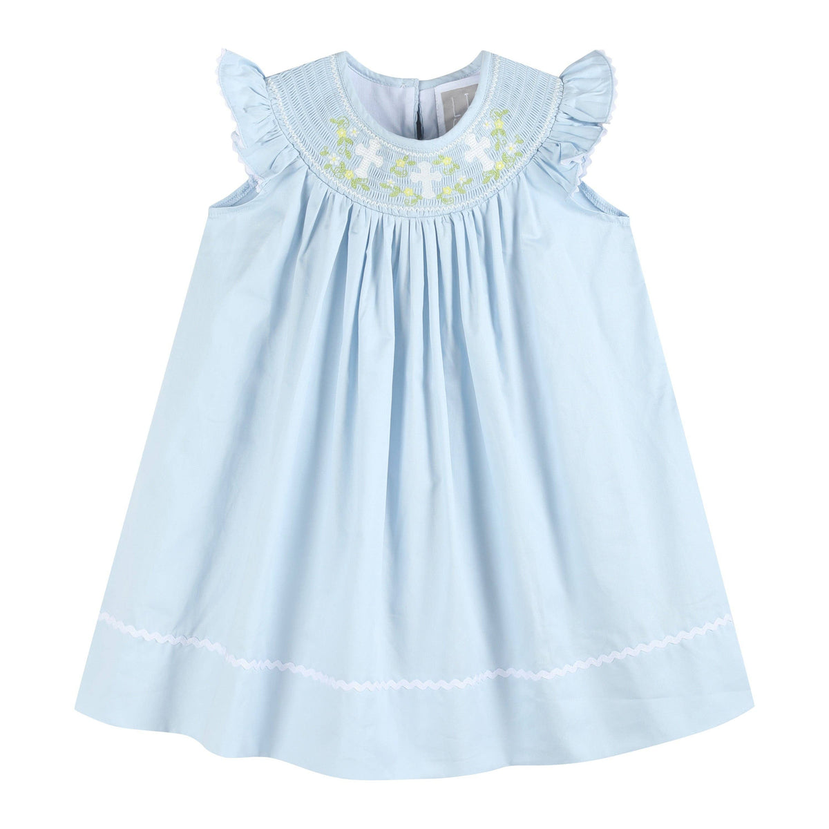 Blue Floral Crosses Smocked Bishop Dress