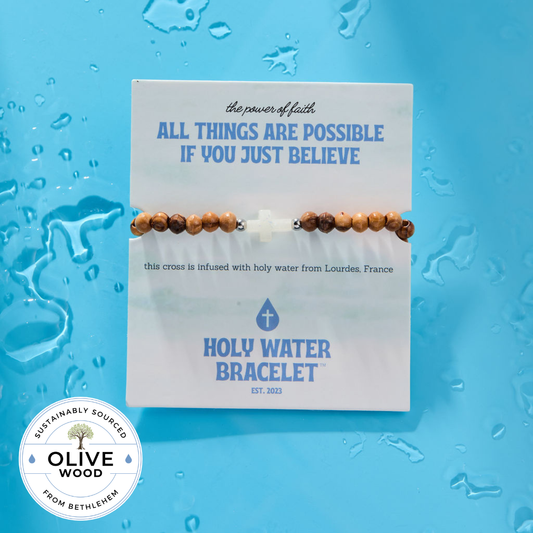 Holy Water Olive Wood Cross Bracelet in Silver