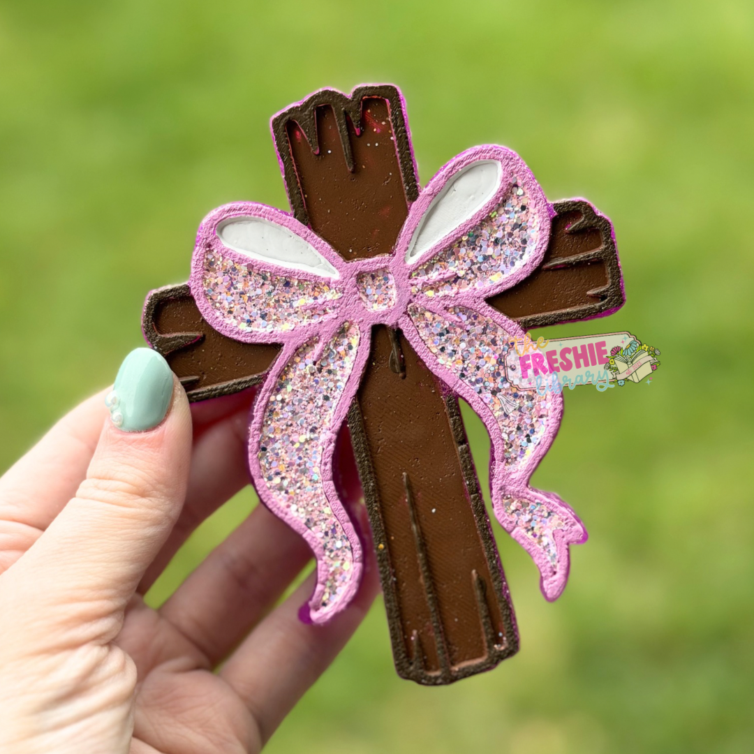 Wooden Cross with Bow Car Freshie