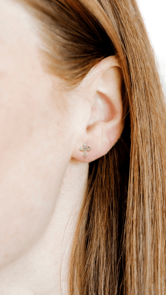 Latin Cross Screwback Stud Earrings - Silver