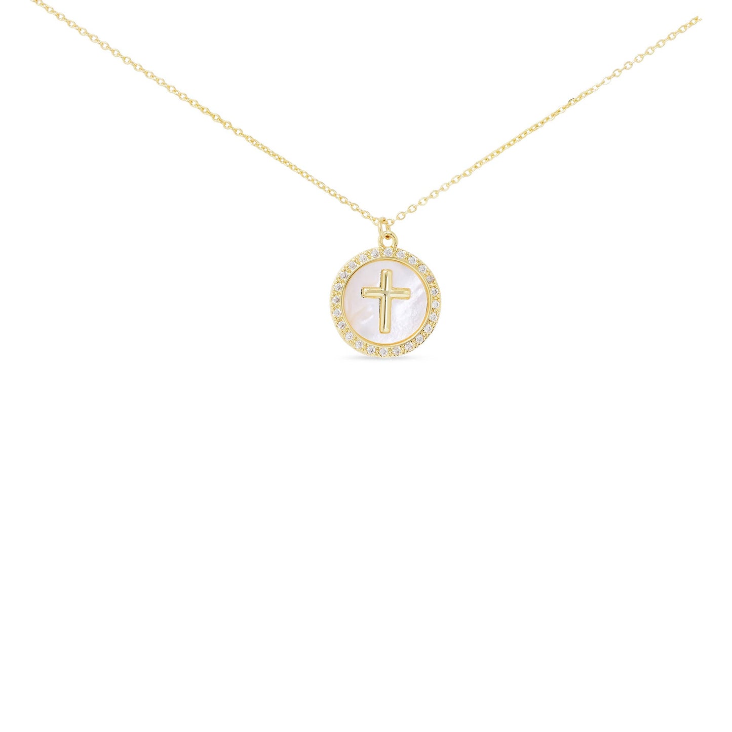 Gold CZ MOP Cross Pendant Necklace