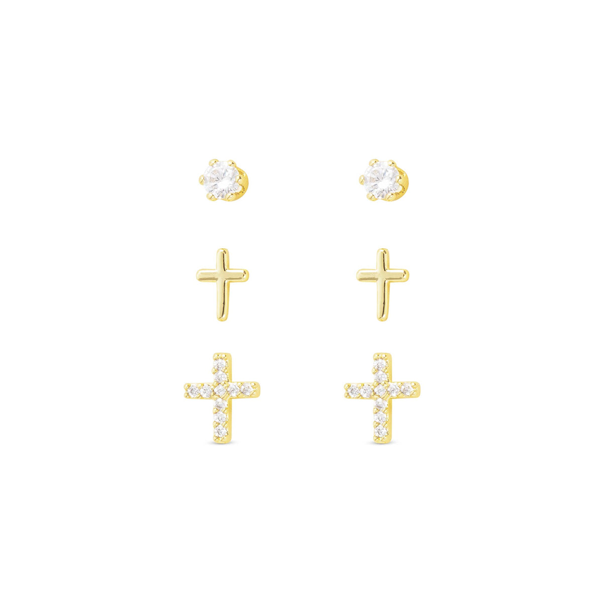 Gold CZ Trio Cross Stud Earrings