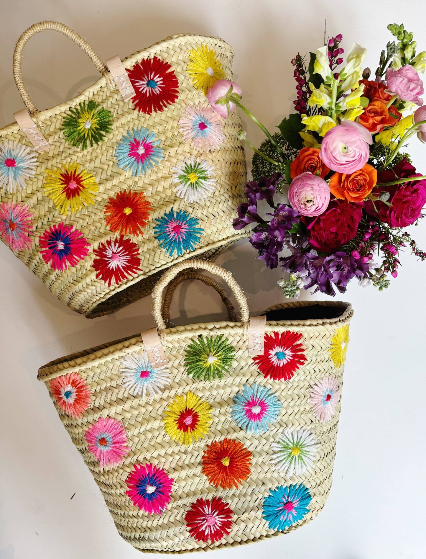 Colorful Floral Straw Tote Bag: Medium