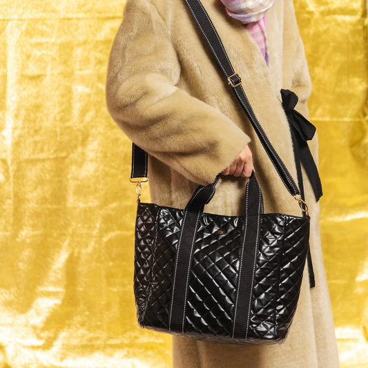 On The Clock Tote Bag- Black Quilted
