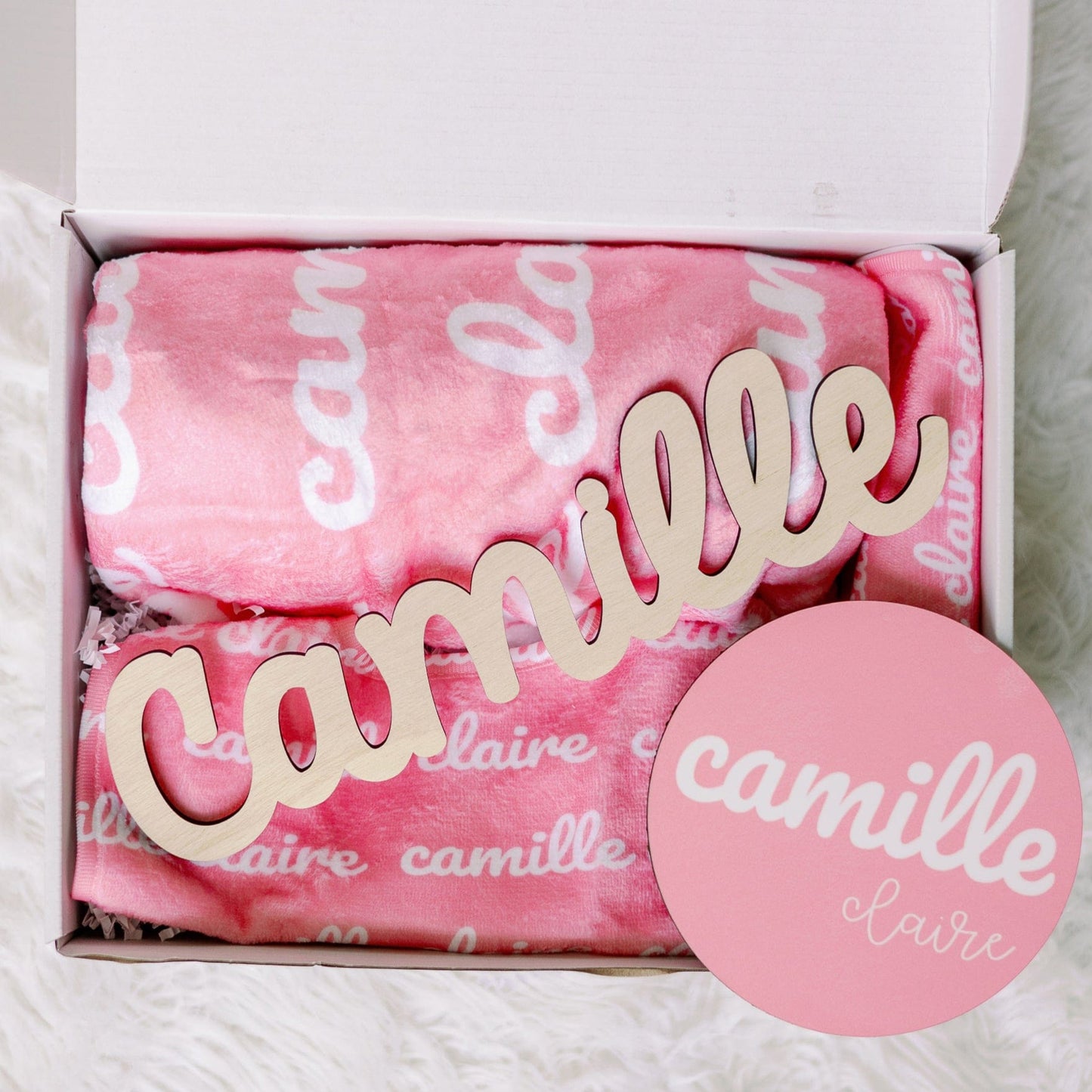 Pink Personalized Baby Blanket, bib, Burp and Wooden name cut sign adn round 5.5 sign.