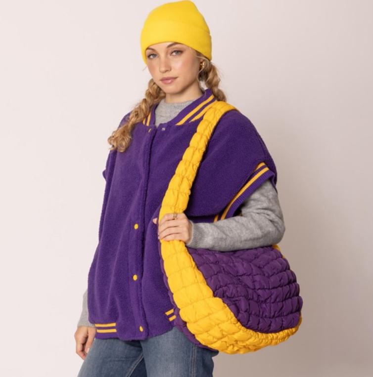 Game Day Quilted Puffer Tote - Purple/Gold