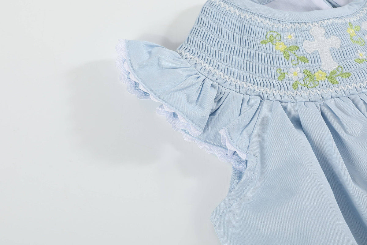 Blue Floral Crosses Smocked Bishop Dress