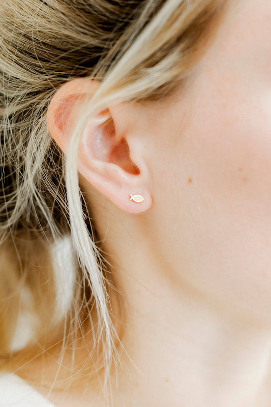 Ichthys Fish Screwback Stud Earrings - Gold