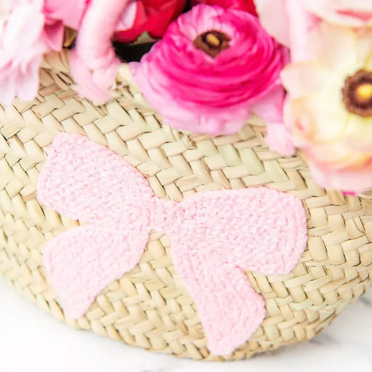Handwoven Straw Basket with Pink Bow: Large