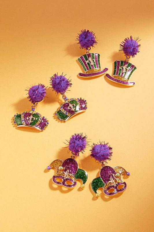 Mardi Gras Pompom and Enamel Post Earrings