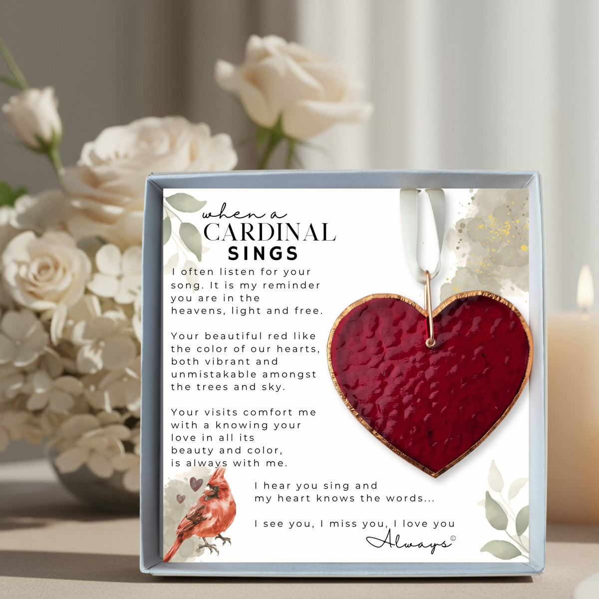 When A Cardinal Sings Memorial Stained Red Glass Heart