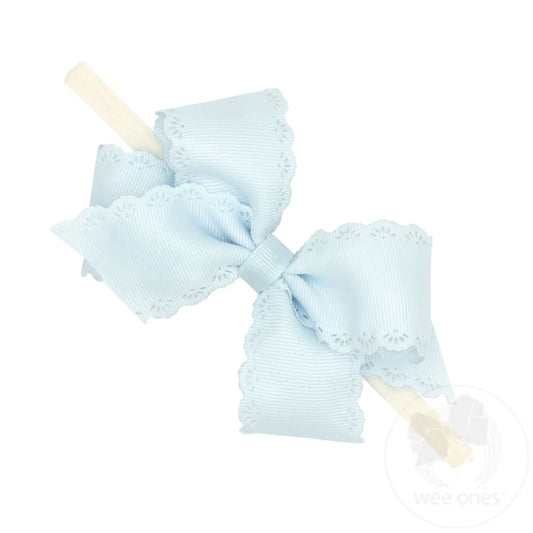 Small Grosgrain Hair Bow with Embossed Eyelet Edge on White Nylon Band