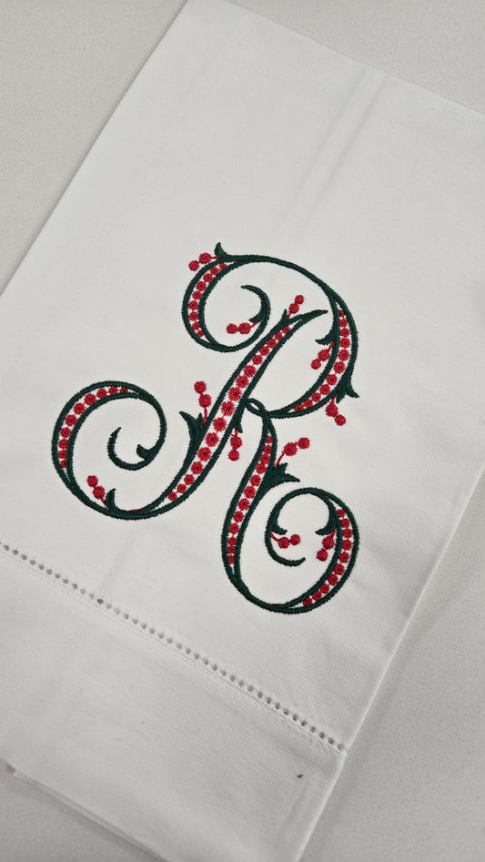 Christmas Initial Embroidered Tea Towel