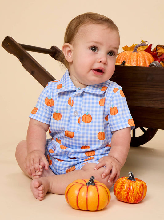 Pumpkin Patch Gingham Short Sleeve Polo Romper