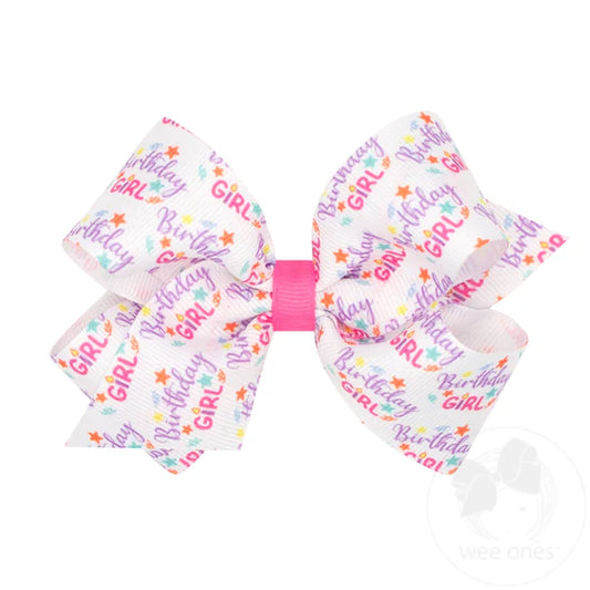 Medium Birthday Girl Print Grosgrain Hair Bow