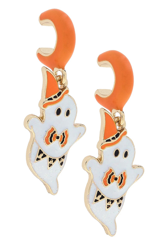 Halloween Ghost Enamel Huggie Hoop Earrings in Orange & White