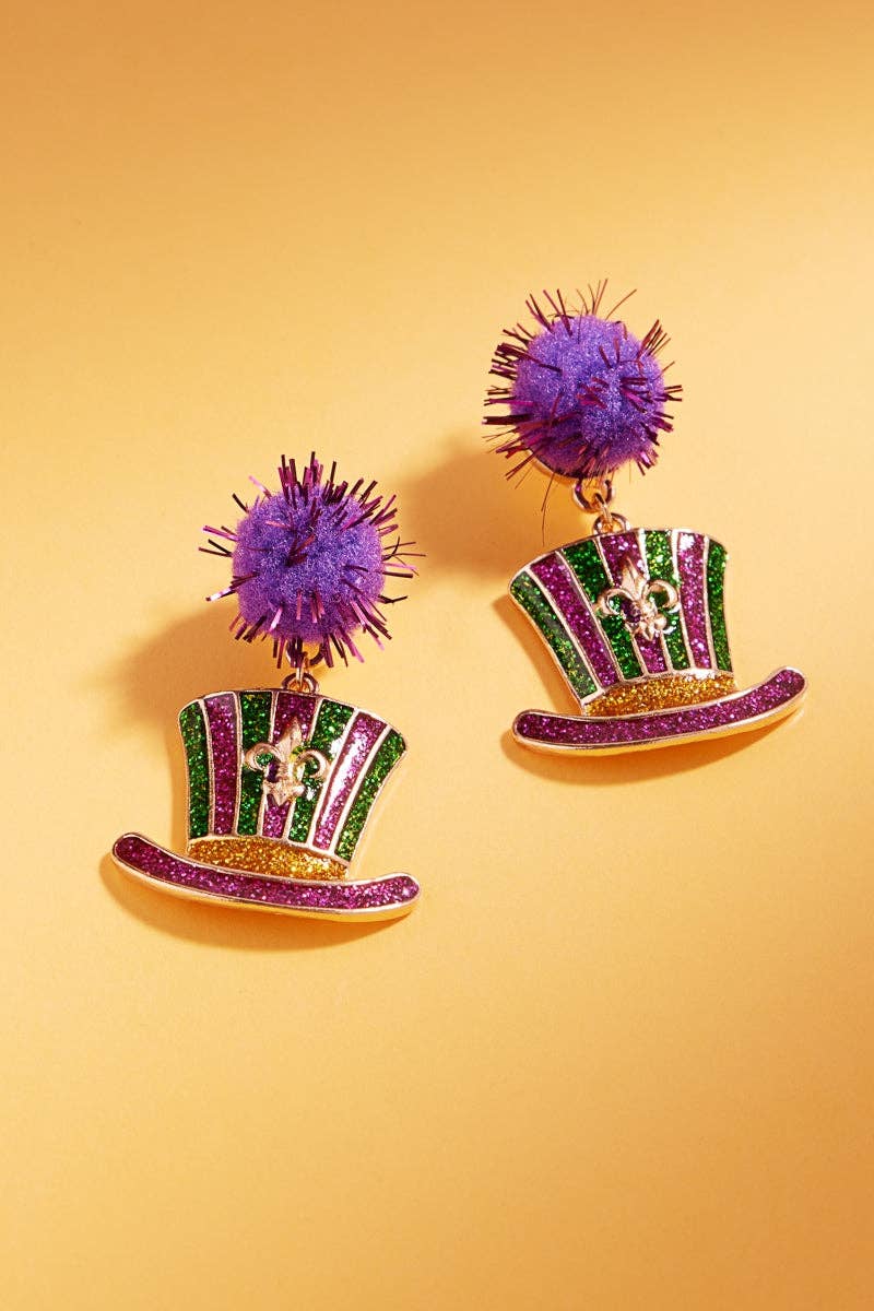 Mardi Gras Pompom and Enamel Post Earrings