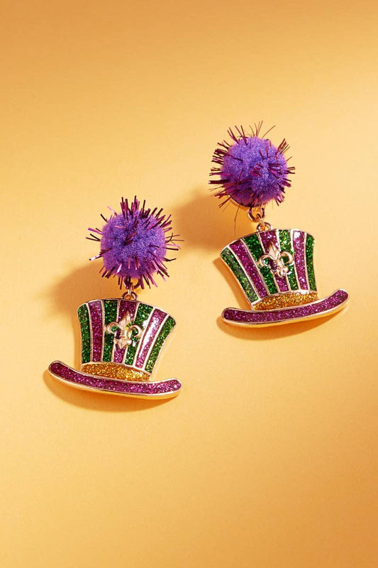 Mardi Gras Pompom and Enamel Post Earrings