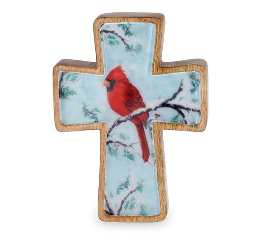 Mango Wood Cross w/ Cardinal Shelf Sitter