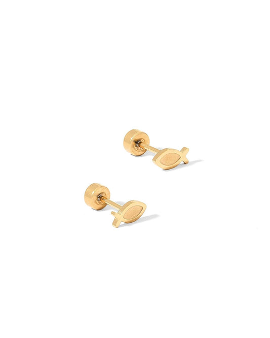 Ichthys Fish Screwback Stud Earrings - Gold