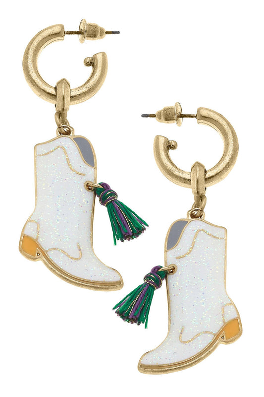 Mardi Gras Enamel Marching Boot Drop Hoop Earrings