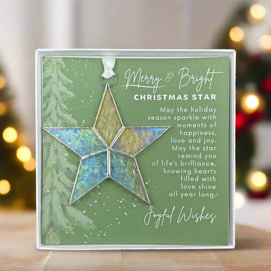 Merry & Bright Christmas Star Stained Glass Ornament