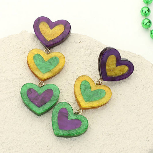 Glittered Resin Mardi Gras Triple Heart Earrings