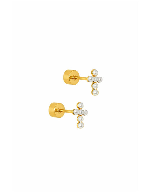 Screwback Stud Earrings - Clara Cross Pearl