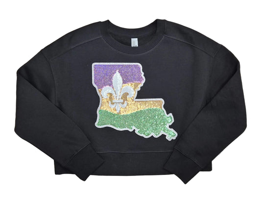 Mardi Gras Louisiana Sequin Ladies Cropped Sweatshirt