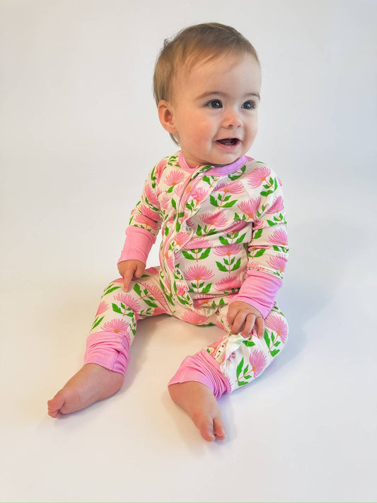 Pink Block Print Flowers Ruffle Zip Pjs