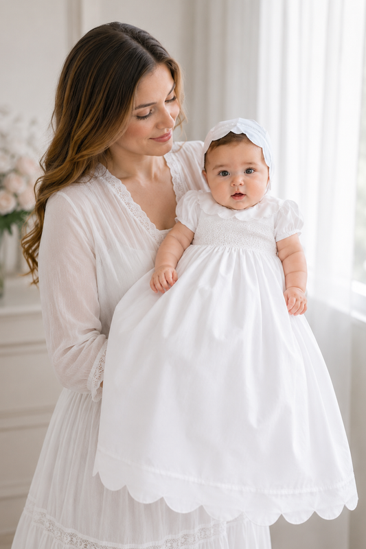 Baby Girl Baptism & Christening Gown Scallop with Bonnet