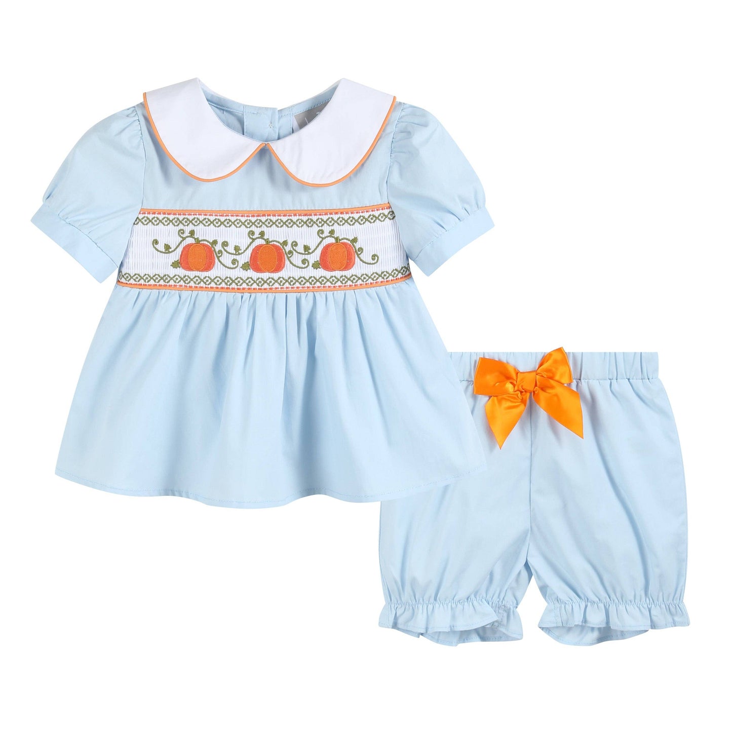 Light Blue Pumpkin Vine Smocked Bloomer Set