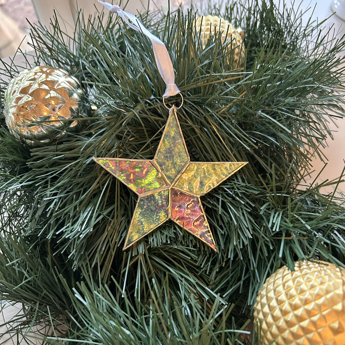 Merry & Bright Christmas Star Stained Glass Ornament
