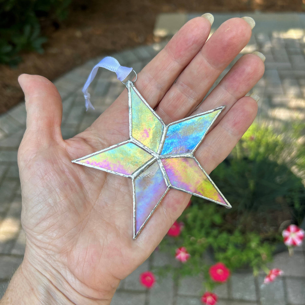 Merry & Bright Christmas Star Stained Glass Ornament