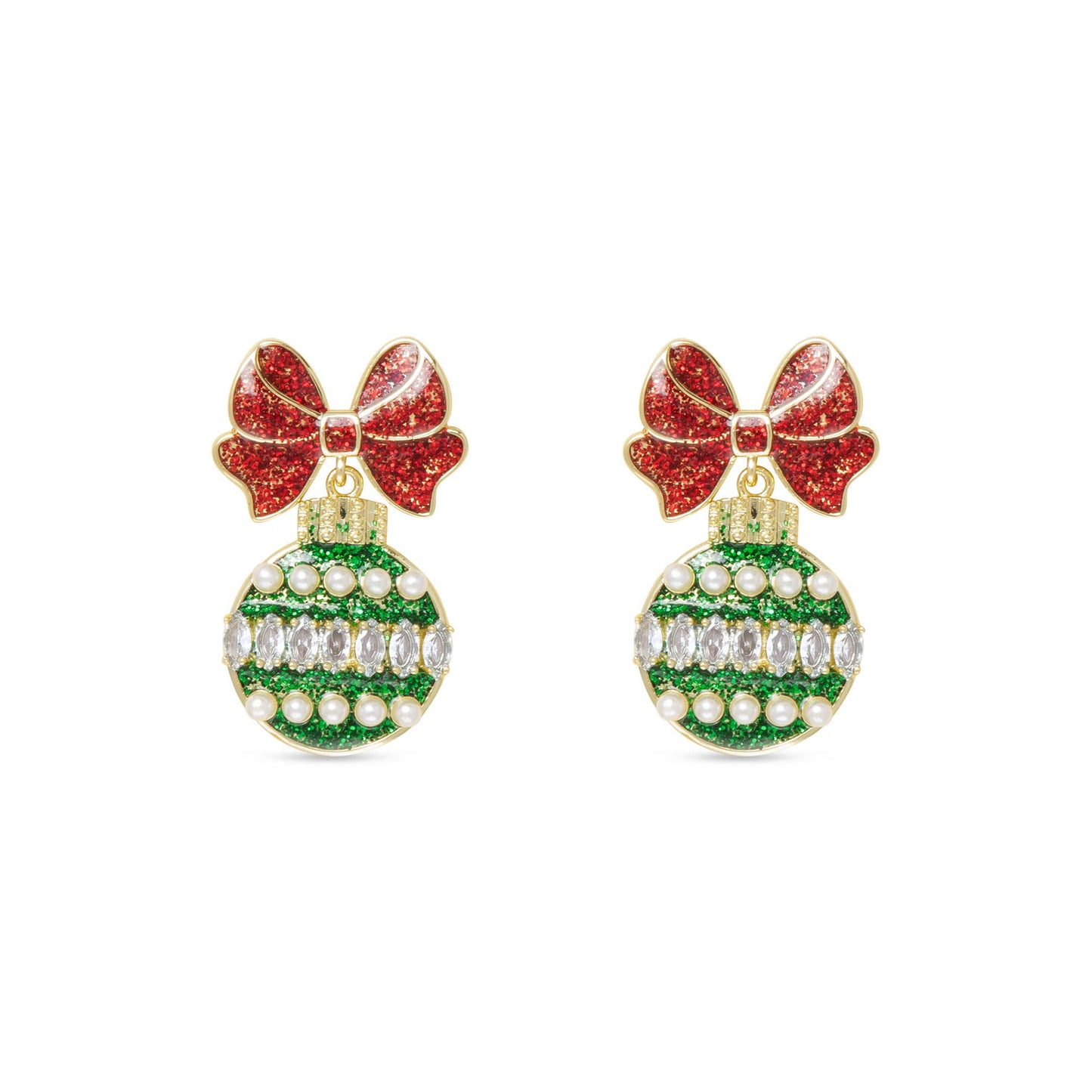 Gold Stud Green Ornament with Red Bow Earrings