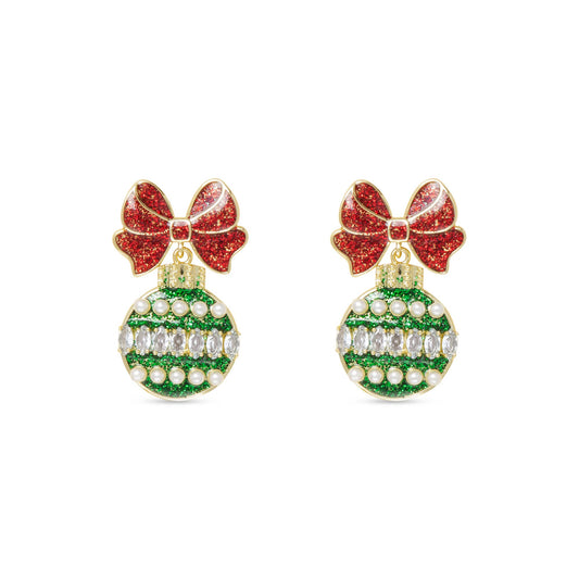 Gold Stud Green Ornament with Red Bow Earrings