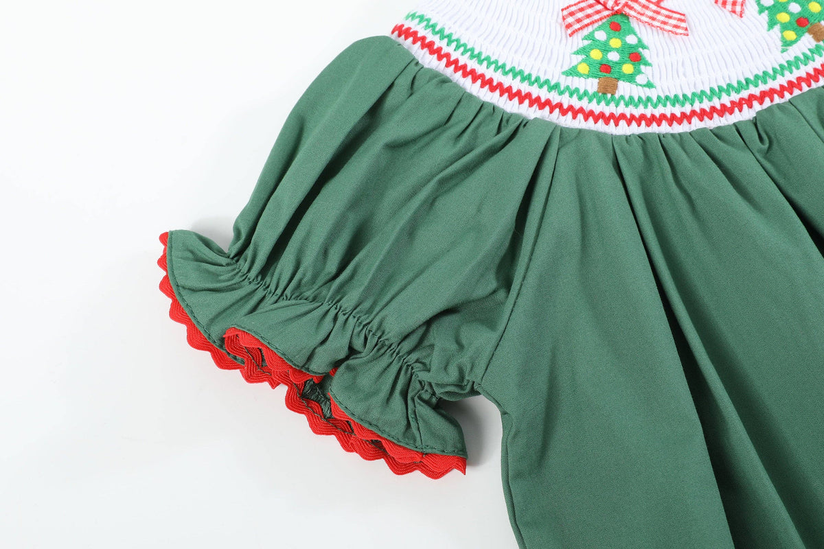 Green Christmas Tree Smocked Bishop Dress