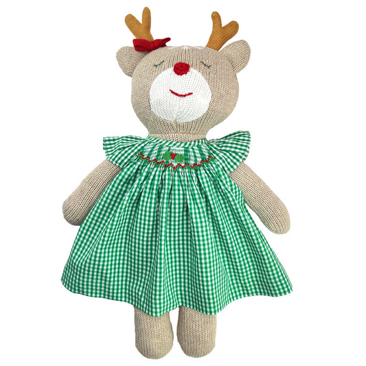 Knit Reindeer Doll with Green Check Dress