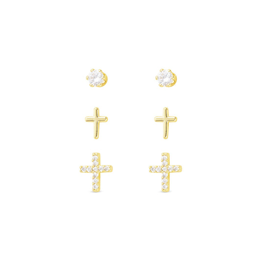 Gold CZ Trio Cross Stud Earrings
