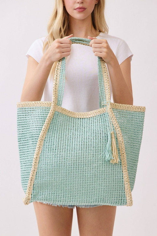 Two Tone Woven Straw Beach Tote Bag