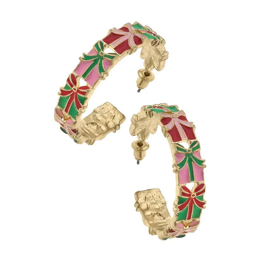 Gift Wrap Enamel Present Hoop Earrings in Pink/Green/Red