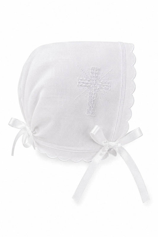 Embroidered Cross Christening Bonnet For Baby