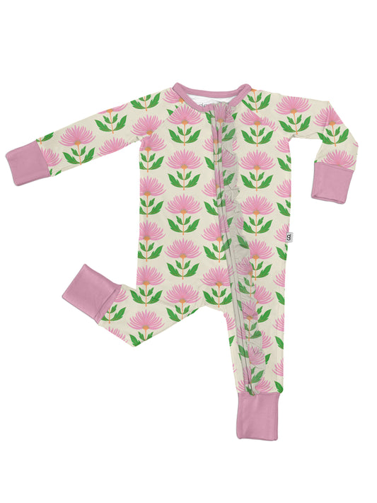 Pink Block Print Flowers Ruffle Zip Pjs