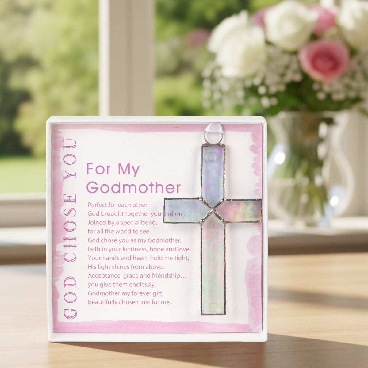 God Chose You Godmother Stained Glass Cross