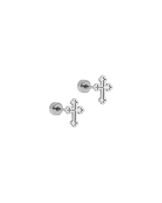 Latin Cross Screwback Stud Earrings - Silver