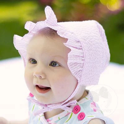 Pink Seersucker Baby Bonnet