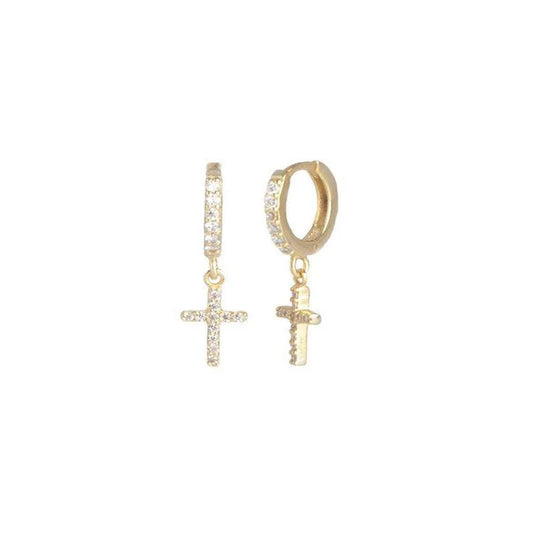 Pave Cross Drop Huggie Earrings