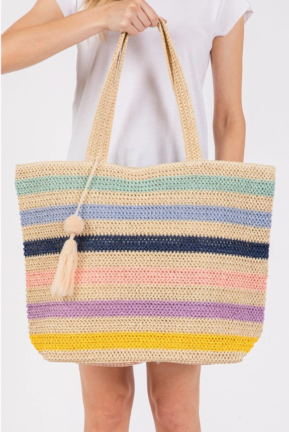 Amara Striped Crochet Tote Bag with Tassel
